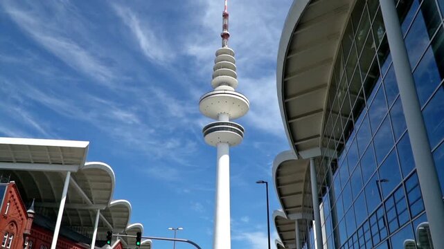 TV Tower and Exhibition Hall in Hamburg - Street View on Public Sidewalk - Zoom out