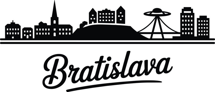 Bratislava skyline silhouette featuring the castle, modern buildings, and the bridge tower, shown in a clean minimalist black graphic and travel