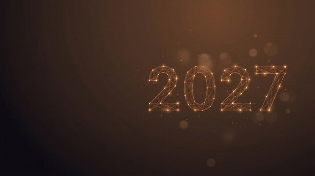 Abstrakter Hintergrund zum Neujahr 2027 mit digitaler Jahreszahl aus leuchtenden Linien und Punkten, zukunftsorientiertes Technologie Konzept f&uuml;r Silvester mit Bokeh und Textfreiraum