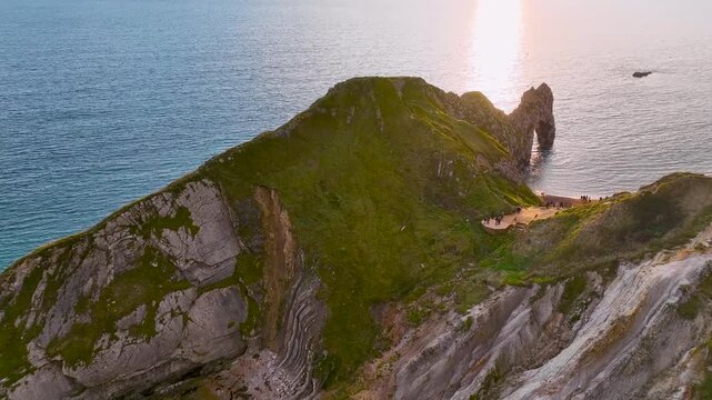 Aerial view of Durdle Door, a natural limestone arch on the Jurassic Coast near Lulworth in Dorset, England