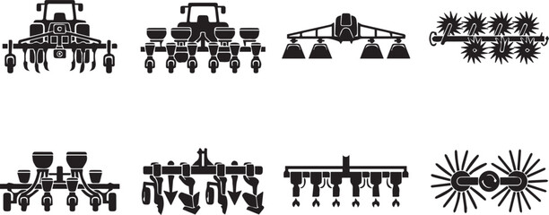 Obraz premium Agricultural seeding planting and spraying machinery icons including tractor seed drills and field sprayer silhouettes