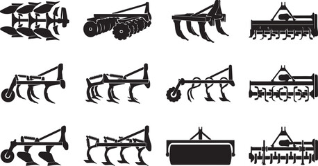 Obraz premium Agricultural soil cultivation and tillage machinery icons including plow harrow subsoiler and land roller silhouettes