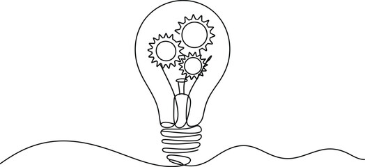 Single line drawing of a light bulb filled with mechanical gears innovation technology solution engineering mechanical creativity minimalist continuous illustration brainstorm invention © MstAsmaAkter