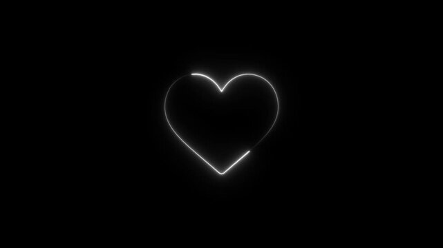 Glowing white neon heart outline pulsing animation on black background, love