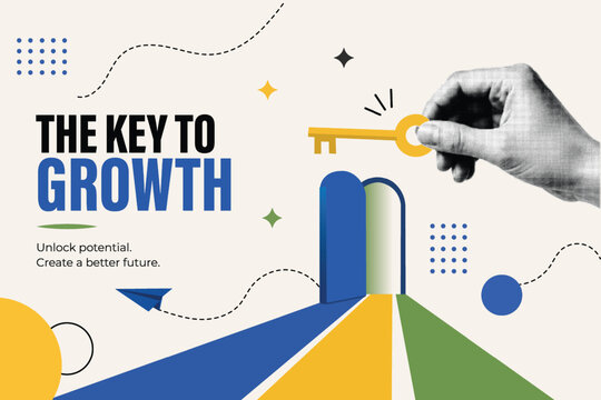 Halftone Pop Art Collage with Hand Holding Golden Key and Open Door. The Key to Growth: Unlock Potential and Create a Better Future Business Concept. Retro Vintage Style Banner