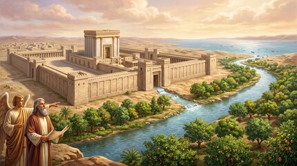 Fototapeta premium Prophet Ezekiel viewing the miraculous visionary temple in Jerusalem with an angel. Ancient biblical scene depicting life-giving water flowing from the house of God into the desert.