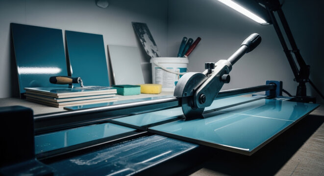 Professional Tile Cutter Equipment With Supplies On Table