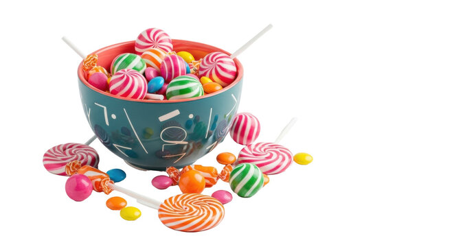 Ceramic teal or coral bowl, subtle pattern, brimming with vibrant glossy treats scattered on transparent, soft studio light, abundant joy and delight concept.