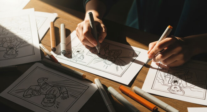 Artistic Creation Of Comic Book Panels With Markers On A Wooden Desk