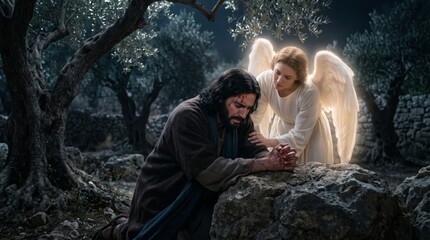 Obraz premium Jesus praying in Gethsemane garden with angel comforting him. Biblical scene depicting divine support and sacrifice. Religious faith and spiritual devotion in christianity art.