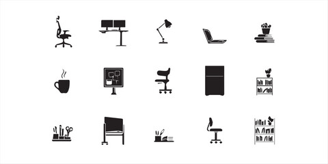 Vector art of a collection of black silhouette icons representing office furniture and equipment, including desks, chairs, computers, and bookshelves © Topu