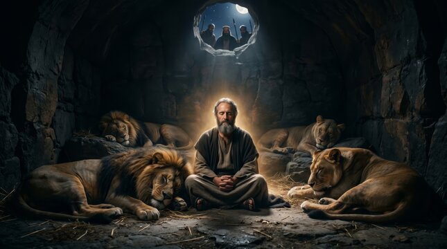 Man sitting in a lotus position inside a dark cave surrounded by sleeping lions. Biblical scene of prophet Daniel protected by predators. Faith, courage, and spiritual peace concept.
