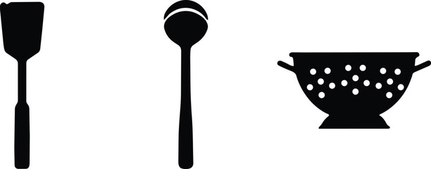 Kitchen utensils and cooking tools silhouette icons set featuring a spatula, a soup ladle, and a colander for culinary preparation and equipment © Bakalia