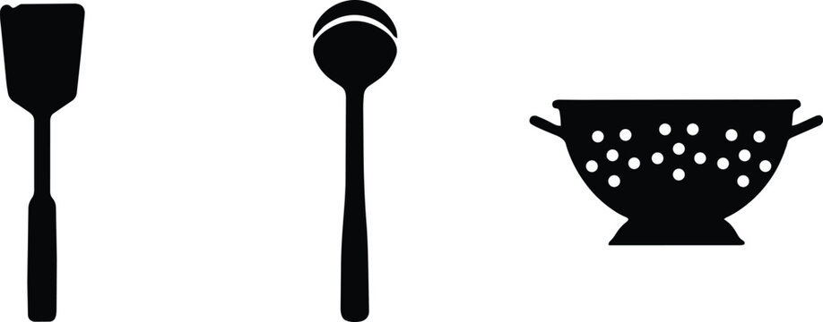 Kitchen utensils and cooking tools silhouette icons set featuring a spatula, a soup ladle, and a colander for culinary preparation and equipment