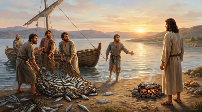 Jesus meeting fishermen on the shore of Galilee. Men pulling a net full of fish from a boat toward a campfire. Biblical scene representing faith, miracle, service and community.