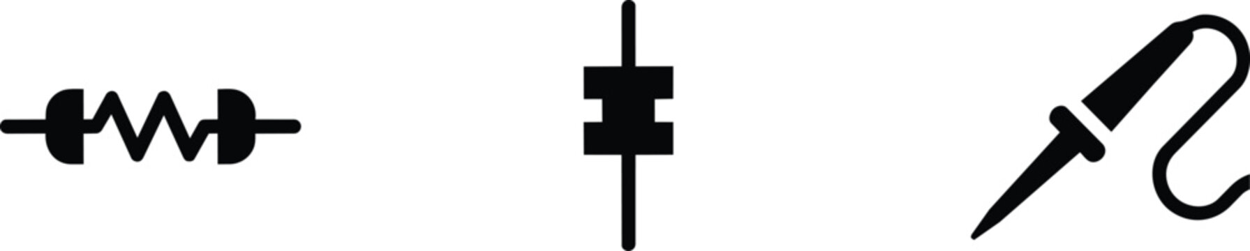 Electronic components icons featuring a resistor, a capacitor, and a soldering iron for technical circuit board repair projects and component