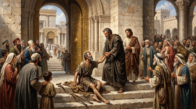Apostle Peter helping a crippled beggar stand up at the temple gate. Biblical scene showing an act of faith and divine healing. Christian historical illustration of scripture narrative.