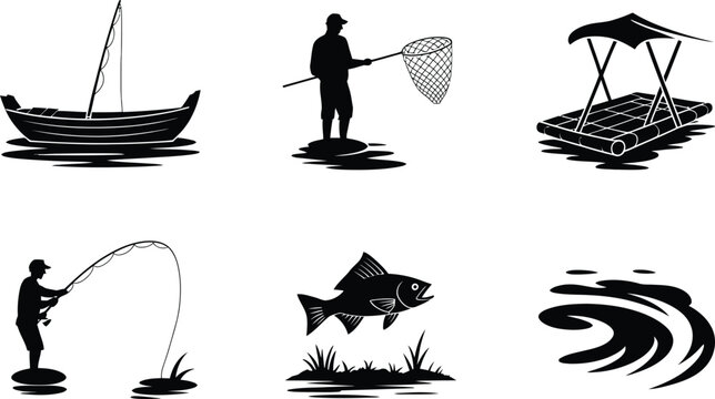 Fishing icons collection featuring boat fisherman casting net raft rod and jumping fish silhouettes fisherman lifestyle activity recreation equipment silhouette illustration collection