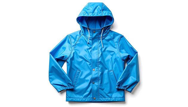 Bright blue hooded waterproof jacket, outdoor clothing, casual wear, outerwear, windbreaker, rain protection gear, isolated on white