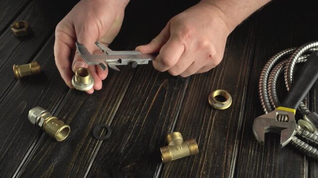 Hands measuring plumbing fittings with calipers, surrounded by various brass connectors and tools on a wooden work surface