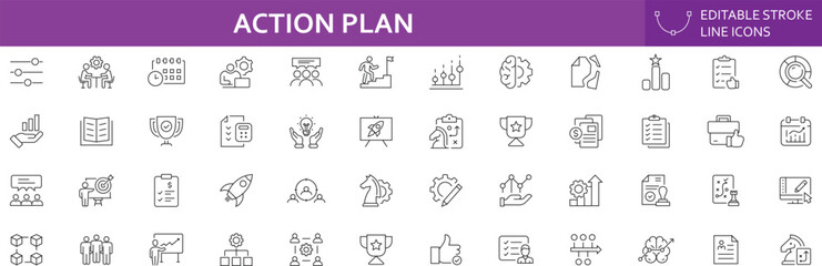 Fototapeta premium Action Plan Icon Set. Illustrating Planning Workflow, Goal Setting, Task Execution, Progress Tracking, Teamwork and Strategic Business Management. Editable Stroke. Vector Illustration
