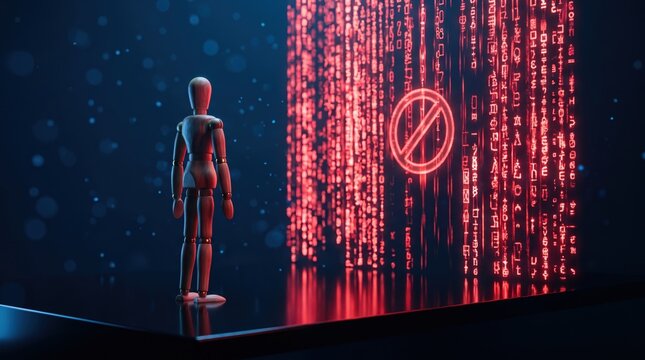 Wooden artist mannequin facing glowing red code wall with prohibition symbol