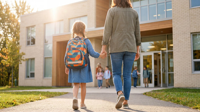 Mutter begleitet Tochter am ersten Schultag zur Grundschule, R&uuml;ckansicht von Mutter und Kind mit Schulranzen auf dem Schulweg, Schulanfang und Einschulung Lifestyle Konzept