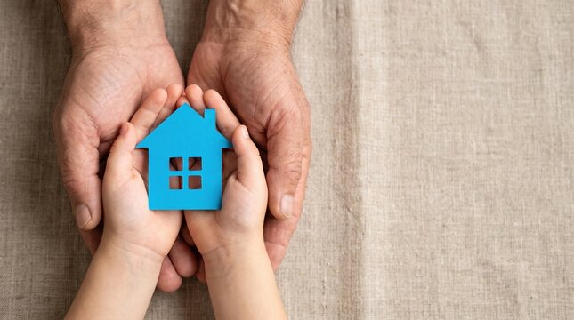 hands holding paper house, family home, homeless shelter, foster home care, family day care, mortgage housing crisis concept
