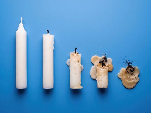 Five white candles burning down to melted stubs, time concept