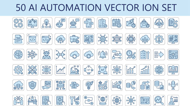 AI automation vector icon set, 50 artificial intelligence and machine learning line icons, blue technology symbols for data science and robotics