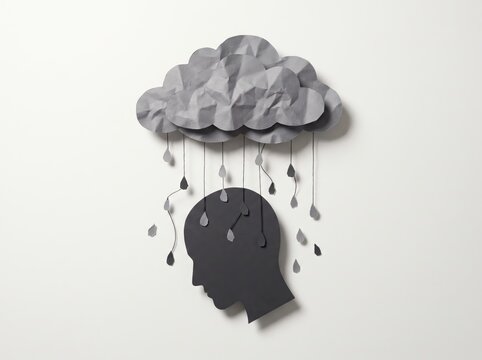 Paper head silhouette under storm cloud with hanging paper raindrops, sadness