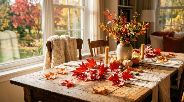 Autumn dining table centerpiece with fallen leaves and pumpkins