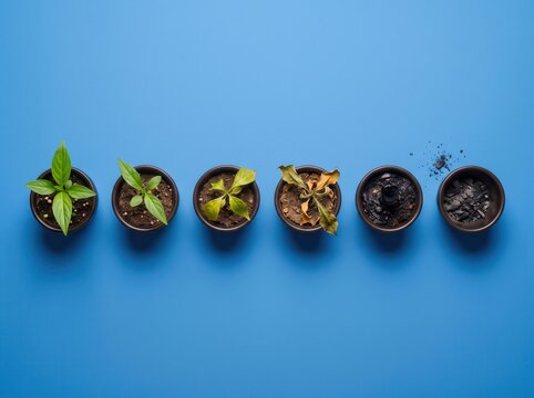 Six potted plants in sequence from sprout to ash, plant decline