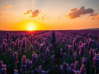 Naklejka premium Endless Lavender Fields Under a Glowing Orange Sunset with Vibrant Purple Blooms, Golden Hour Light, Soft Summer Breeze, Dramatic Cloudscape, Scenic Countryside Landscape, Natural Beauty, Peaceful Eve