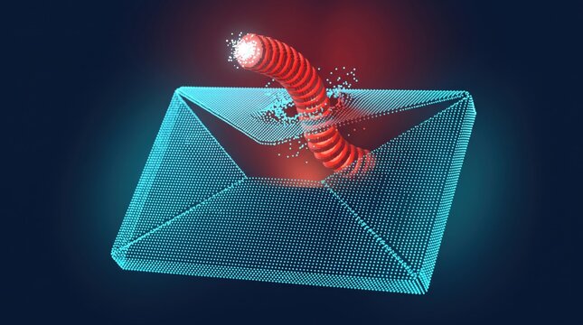 Red coiled worm breaking out of cyan dot-matrix envelope, email malware