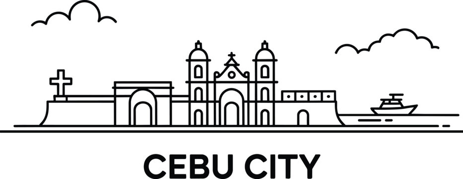 Cebu city skyline minimalist linear landscape featuring historical landmarks and a small boat on the water for travel branding and asian philippine