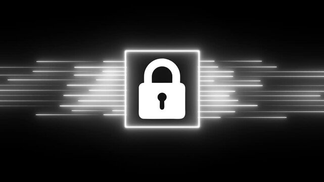 Digital security concept with glowing padlock and abstract data stream motion cyber protection encryption