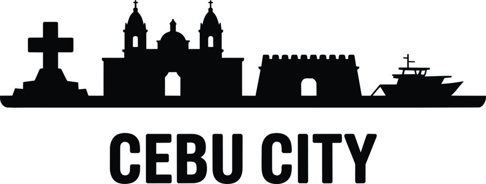 Cebu city skyline silhouette featuring historic magellan's cross, colonial church architecture, stone fort ramparts