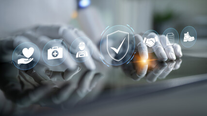 Naklejka premium Hands of a Professional with Icons Representing Health, Safety, Collaboration, and Care Demonstrating Digital Transformation in Modern Work Environments. Glyphic.