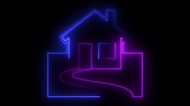 Glowing Neon Home icon house sign neon lights animation. Neon line home icon. House icon neon glowing light on background. Glowing Neon Home icon 