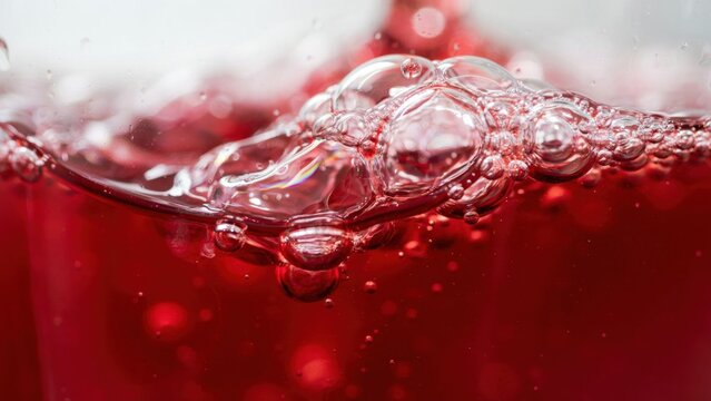 Closeup of red carbonated beverage with bubbles in a glass