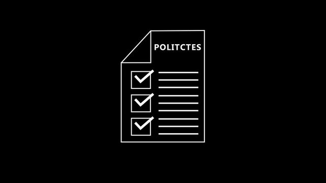 Minimalist policy checklist animation with checkmarks and text lines on black background, document compliance