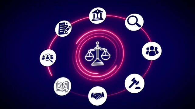 Legal justice concept with neon scales of justice and animation
