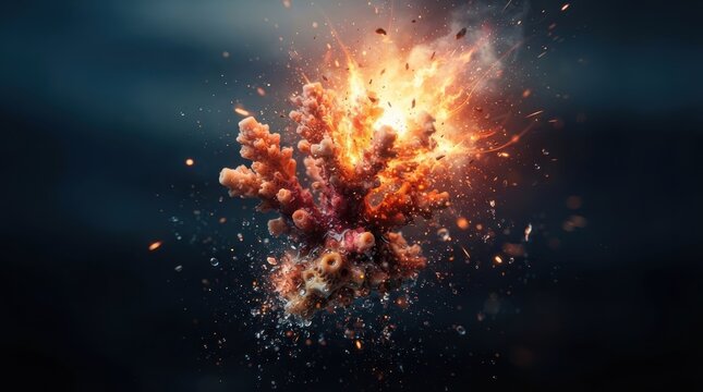 Exploding coral reef fragment with fire and sparks