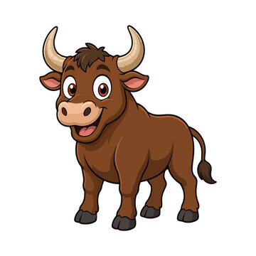 Cute Cartoon Bull Standing Isolated on White Background with Friendly Expression