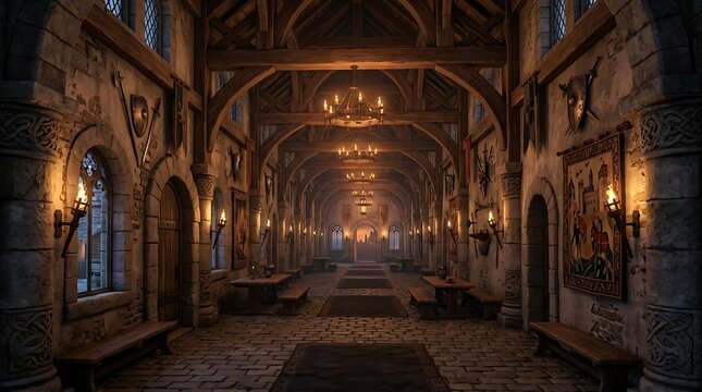 Ancient stone cathedral interior with candlelit aisle.