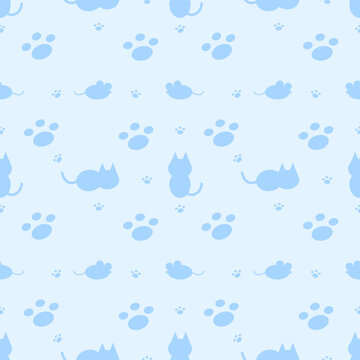 Cute Sky Blue Pastel Cat Mouse and Paw Prints Seamless Pattern