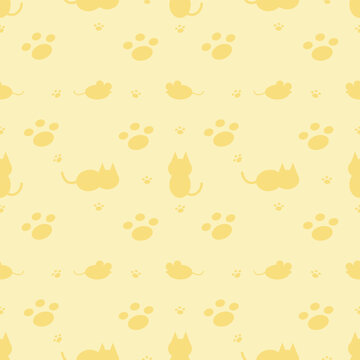 Cute Yellow Pastel Cat Mouse and Paw Prints Seamless Pattern