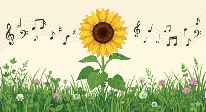 Sunflower with Music Notes Grass and Wildflowers Nature Border Vector Illustration Background with Musical Symbols