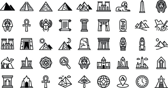 Ancient Egypt Culture and History Icon Set with Pyramids Pharaohs Sphinx Scarabs Ankh Crosses and Archeology Symbols for Travel Tourism Apps Education History Media DesignsAncient Egypt Culture and Hi